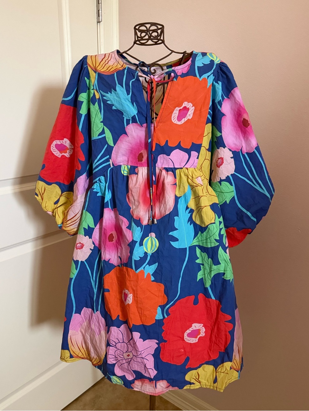 Blue Floral Babydoll Tie-Front Mini Dress size M Puff Sleeves
